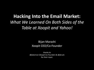 Hacking Into the Email Market:
What We Learned On Both Sides of the
Table at Xoopit and Yahoo!
Bijan Marashi
Xoopit CEO/Co-Founder
thanks to
@jkatzman (Xoopit Co-Founder) & @jbruck
for their input.
 