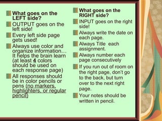 What goes on the LEFT side? OUTPUT goes on the left side! Every left side page gets used!  Always use color and organize information… It helps the brain learn (at least  4  colors should be used on each response page)  All responses should be in color pencils or pens  (no markers, highlighters, or regular pencil) What goes on the RIGHT side? INPUT goes on the right side! Always write the date on each page. Always Title  each assignment. Always number each page consecutively If you run out of room on the right page, don’t go to the back, but turn over to the next right page. Your notes should be written in pencil.  