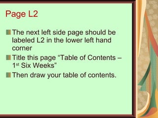 Page L2 The next left side page should be labeled L2 in the lower left hand corner Title this page “Table of Contents – 1 st  Six Weeks” Then draw your table of contents. 