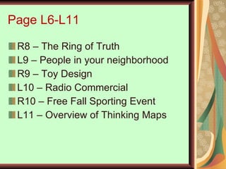 Page L6-L11 R8 – The Ring of Truth L9 – People in your neighborhood R9 – Toy Design L10 – Radio Commercial R10 – Free Fall Sporting Event L11 – Overview of Thinking Maps 