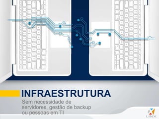 INFRAESTRUTURA
Sem necessidade de
servidores, gestão de backup
ou pessoas em TI
 