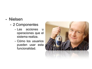 - Nielsen
  - 2 Componentes
    - Las acciones u
      operaciones que el
      sistema realiza.
    - Cómo los usuarios
      pueden usar esta
      funcionalidad.
 