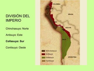 DIVISIÓN DEL
IMPERIO
Chinchasuyo: Norte
Antisuyo: Este
Collasuyo: Sur
Contisuyo: Oeste
 