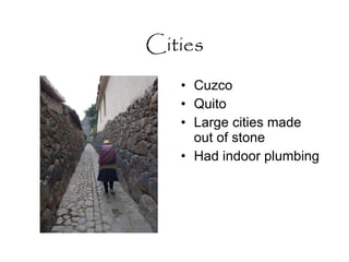 Cities Cuzco  Quito Large cities made out of stone Had indoor plumbing 