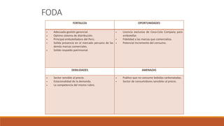 FORTALEZA OPORTUNIDADES
• Adecuada gestión gerencial.
• Optimo sistema de distribución.
• Principal embotelladora del Perú.
• Solida presencia en el mercado peruano de las
demás marcas comerciales.
• Solido respaldo patrimonial.
• Licencia exclusiva de Coca-Cola Company para
embotellar.
• Fidelidad a las marcas que comercializa.
• Potencial incremento del consumo.
DEBILIDADES AMENAZAS
• Sector sensible al precio.
• Estacionalidad de la demanda.
• La competencia del mismo rubro.
• Publico que no consume bebidas carbonatadas.
• Sector de consumidores sensibles al precio.
FODA
 