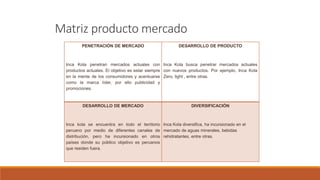 Matriz producto mercado
PENETRACIÓN DE MERCADO
Inca Kola penetran mercados actuales con
productos actuales. El objetivo es estar siempre
en la mente de los consumidores y acentuarse
como la marca líder, por ello publicidad y
promociones.
DESARROLLO DE PRODUCTO
Inca Kola busca penetrar mercados actuales
con nuevos productos. Por ejemplo, Inca Kola
Zero, light , entre otras.
DESARROLLO DE MERCADO
Inca kola se encuentra en todo el territorio
peruano por medio de diferentes canales de
distribución, pero ha incursionado en otros
países donde su público objetivo es peruanos
que residen fuera.
DIVERSIFICACIÓN
Inca Kola diversifica, ha incursionado en el
mercado de aguas minerales, bebidas
rehidratantes, entre otras.
 