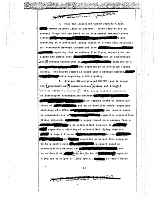 Il~tl~g!!tji~~J:>i?~~2tl1Zii:;lIfi~~ME~]1if~~~~~~if.~i~Ri2~i~t'," 
, 
I':,: .....) J~<.);r.....d 
I. . j: 
Ii ::i"iD~A. I • . - ~ .,i."io!t'.,,_·/C)l ""A . ~Q:'..~~:-----.. _ .... 
I: • " e. Four NSA-originated COMINT reports target 
-:Ij ~ communications links or systems. Three 'reports are in 
i 
summary formrt and are based on an intercepted message~trans. 
mitted sites 
I~ reporting an unidentif.i~~flying object ::.:..:e.rY high altitude; 
an intercepted message transmitted from ........ 11'1t 
: rT'. reporting that an unidentified flying object with two 
I. . , 
~~,li9htS"ha:d passed over_andan intercepteo 
i,.~oicJ message transmitted to s& .'_n· . • ns.. . facility by a '-who:·reported an unidentified flying 
i 
II 
III 
I 
L object. The fourth report is based upon a message bet:/eenl? I 
l'~~.un i ts regarding a UFO sightincr~ 
~ . f. 'Sixteen NSA-originated COMINT reports target 
I!.,.~he 'bovernment ,net:tcomDlu~:,~ations:~ystemsand lin~:'Of 
r:a,e'/eral different countrie.~. This group contains summaries 
1: of intercepted transmissions bet'1een ....• • • 
p 
.J' 
(two reports based on communica- 
j: tions o f._· . _and an unidentified senc1er reporting 
I: sightings of a UFO), 7..... 
(two reports based 
I: 
, on communications by1 reporting unidentified 
: flying objects), 7'.(a report based on a message from a 
Ii_toan unidentified receiver in~ 
Ili--reporting a sighting of unidentified flying object"s}, 
.r. I:..(a report from an .., SUMO >i.to the_ 
I:in__reporting an object that appeared 
l: to be a rocket over 
based on 
I: 
I; 
communications between two an~ 
l. 
j: 
an uni~entif1'e-d ~i:ilonJint..hich.:~reported 
I: 
Isightings of bright or light spots), • (a r epo r t" based 
I: 
I! 
Ii 
j; 12 
Ii 
I' 
r 
i:i: 
i: 
 