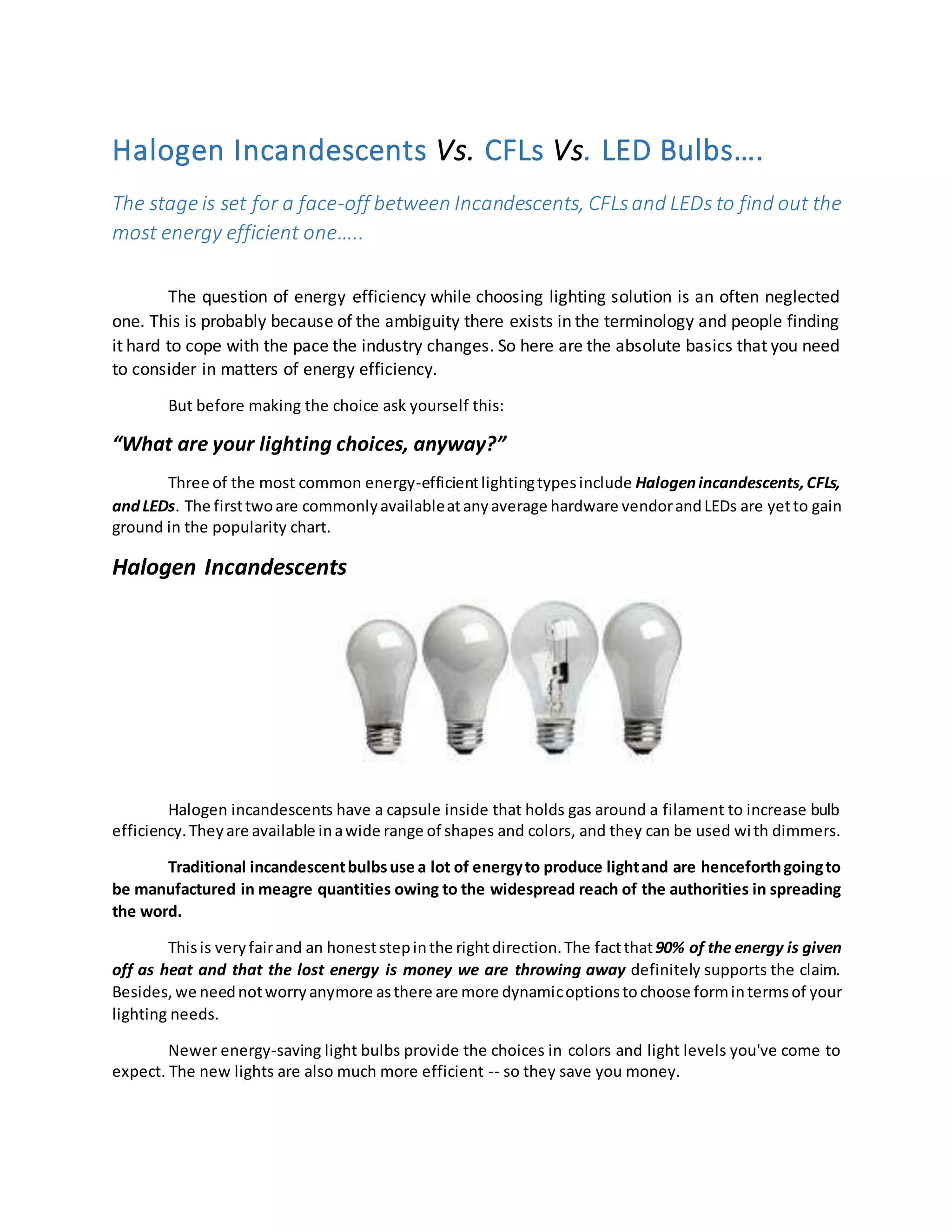 Halogen, CFL and LED Bulb Energy Efficiency Guide PDF