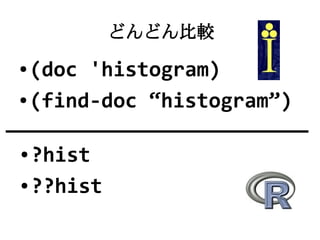 どんどん比較
● (doc 'histogram)
● (find-doc “histogram”)




● ?hist
● ??hist
 