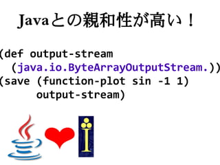 Javaとの親和性が高い！
(def output-stream
  (java.io.ByteArrayOutputStream.))
(save (function-plot sin -1 1)
      output-stream)
 