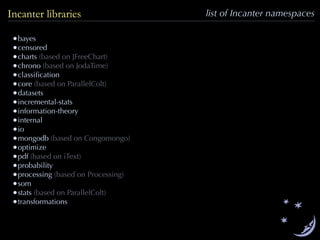 •bayes
•censored
•charts (based on JFreeChart)
•chrono (based on JodaTime)
•classiﬁcation
•core (based on ParallelColt)
•datasets
•incremental-stats
•information-theory
•internal
•io
•mongodb (based on Congomongo)
•optimize
•pdf (based on iText)
•probability
•processing (based on Processing)
•som
•stats (based on ParallelColt)
•transformations
list of Incanter namespacesIncanter libraries
 