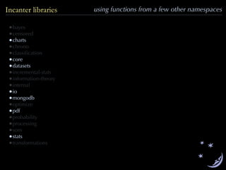 using functions from a few other namespacesIncanter libraries
•bayes
•censored
•charts
•chrono
•classiﬁcation
•core
•datasets
•incremental-stats
•information-theory
•internal
•io
•mongodb
•optimize
•pdf
•probability
•processing
•som
•stats
•transformations
 