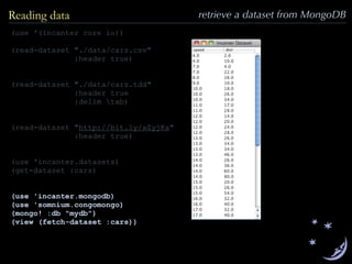 (use '(incanter core io))
(read-dataset "./data/cars.csv"
:header true)
(read-dataset "./data/cars.tdd"
:header true
:delim tab)
(read-dataset "http://bit.ly/aZyjKa"
:header true)
(use 'incanter.datasets)
(get-dataset :cars)
(use 'incanter.mongodb)
(use 'somnium.congomongo)
(mongo! :db "mydb")
(view (fetch-dataset :cars))
Reading data retrieve a dataset from MongoDB
 