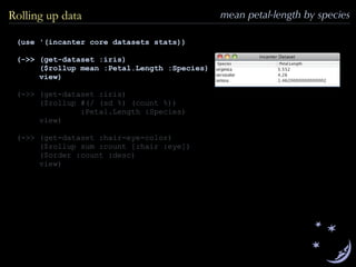Rolling up data mean petal-length by species
(use '(incanter core datasets stats))
(->> (get-dataset :iris)
($rollup mean :Petal.Length :Species)
view)
(->> (get-dataset :iris)
($rollup #(/ (sd %) (count %))
:Petal.Length :Species)
view)
(->> (get-dataset :hair-eye-color)
($rollup sum :count [:hair :eye])
($order :count :desc)
view)
 