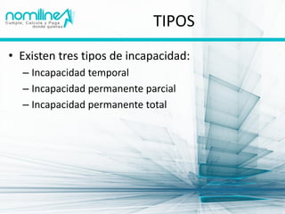 TIPOS
• Existen tres tipos de incapacidad:
  – Incapacidad temporal
  – Incapacidad permanente parcial
  – Incapacidad permanente total
 