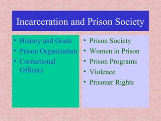 Incarceration and Prison Society
• History and Goals
• Prison Organization
• Correctional
Officers
• Prison Society
• Women in Prison
• Prison Programs
• Violence
• Prisoner Rights
 