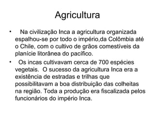 Agricultura
•   Na civilização Inca a agricultura organizada
  espalhou-se por todo o império,da Colômbia até
  o Chile, com o cultivo de grãos comestíveis da
  planície litorânea do pacífico.
• Os incas cultivavam cerca de 700 espécies
  vegetais. O sucesso da agricultura Inca era a
  existência de estradas e trilhas que
  possibilitavam a boa distribuição das colheitas
  na região. Toda a produção era fiscalizada pelos
  funcionários do império Inca.
 