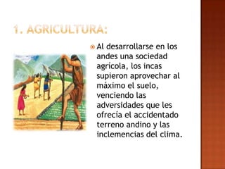  Aldesarrollarse en los
 andes una sociedad
 agrícola, los incas
 supieron aprovechar al
 máximo el suelo,
 venciendo las
 adversidades que les
 ofrecía el accidentado
 terreno andino y las
 inclemencias del clima.
 