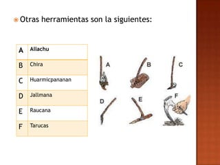  Otras   herramientas son la siguientes:


 A   Allachu


 B   Chira


 C   Huarmicpananan


 D   Jallmana


 E   Raucana


 F   Tarucas
 