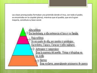 Las clases jerarquizadas formaban una pirámide donde el Inca, con todo el poder,
se encontraba en la cúspide (plana), mientras que el pueblo, que era la gran
mayoría, constituía su base social.
 