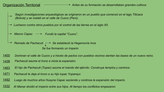 Organización Territorial Antes de su formación se desarrollaban grandes cultivos
Según investigaciones arqueológicas se originaron en un pueblo que comenzó en el lago Titicaca
(Bolivia) y se instaló en el valle de Cuzco (Perú).
Lucharon contra otros pueblos por el control de las tierras en el siglo XII.
Manco Capac Fundó la capital “Cuzco”.
Reinado de Pachacuti Se estableció la Hegemonía Inca
Se fue formando un imperio
1400 Dominan el valle de Cuzco y a través de pactos con pueblos vecinos sientan las bases de un nuevo reino.
1438 Pachacuti asume el trono e inicia la expansión.
El hijo de Pachacuti (Tupac) asume el mando del ejército. Construye templos y caminos.
1463
1471 Pachacuti le deja el trono a su hijo tupac Yupanqui.
Luego de muchos años Huayna Capac asciende y continúa la expansión del imperio.
Al Manar dividió el imperio entre sus hijos. Al tiempo los conflictos empezaron
1492
1532
 
