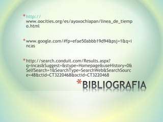 *http://
www.oocities.org/es/ayoxochiapan/linea_de_tiemp
o.html
*www.google.com/#fp=efae50abbb19d94&psj=1&q=i
ncas
*http://search.conduit.com/Results.aspx?
q=incas&Suggest=&stype=Homepage&useHistory=0&
SelfSearch=1&SearchType=SearchWeb&SearchSourc
e=48&ctid=CT3220468&octid=CT3220468
 