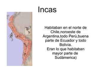 Incas  Habitaban en el norte de Chile,noroeste de Argentina,todo Perù,buena parte de Ecuador y todo Bolivia. Eran lo que habitaban mayor parte de  Sudámerica) 