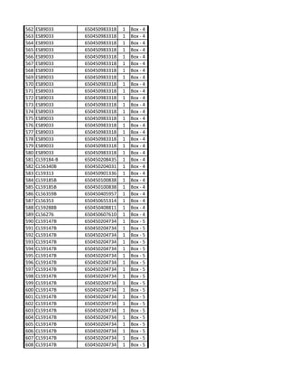562   ES89033     650450983318   1   Box - 4
563   ES89033     650450983318   1   Box - 4
564   ES89033     650450983318   1   Box - 4
565   ES89033     650450983318   1   Box - 4
566   ES89033     650450983318   1   Box - 4
567   ES89033     650450983318   1   Box - 4
568   ES89033     650450983318   1   Box - 4
569   ES89033     650450983318   1   Box - 4
570   ES89033     650450983318   1   Box - 4
571   ES89033     650450983318   1   Box - 4
572   ES89033     650450983318   1   Box - 4
573   ES89033     650450983318   1   Box - 4
574   ES89033     650450983318   1   Box - 4
575   ES89033     650450983318   1   Box - 4
576   ES89033     650450983318   1   Box - 4
577   ES89033     650450983318   1   Box - 4
578   ES89033     650450983318   1   Box - 4
579   ES89033     650450983318   1   Box - 4
580   ES89033     650450983318   1   Box - 4
581   CL59184-B   650450208435   1   Box - 4
582   CL56340B    650450204031   1   Box - 4
583   CL59313     650450901336   1   Box - 4
584   CL59185B    650450100838   1   Box - 4
585   CL59185B    650450100838   1   Box - 4
586   CL56359B    650450405957   1   Box - 4
587   CL56353     650450655314   1   Box - 4
588   CL59288B    650450408811   1   Box - 4
589   CL56276     650450607610   1   Box - 4
590   CL59147B    650450204734   1   Box - 5
591   CL59147B    650450204734   1   Box - 5
592   CL59147B    650450204734   1   Box - 5
593   CL59147B    650450204734   1   Box - 5
594   CL59147B    650450204734   1   Box - 5
595   CL59147B    650450204734   1   Box - 5
596   CL59147B    650450204734   1   Box - 5
597   CL59147B    650450204734   1   Box - 5
598   CL59147B    650450204734   1   Box - 5
599   CL59147B    650450204734   1   Box - 5
600   CL59147B    650450204734   1   Box - 5
601   CL59147B    650450204734   1   Box - 5
602   CL59147B    650450204734   1   Box - 5
603   CL59147B    650450204734   1   Box - 5
604   CL59147B    650450204734   1   Box - 5
605   CL59147B    650450204734   1   Box - 5
606   CL59147B    650450204734   1   Box - 5
607   CL59147B    650450204734   1   Box - 5
608   CL59147B    650450204734   1   Box - 5
 