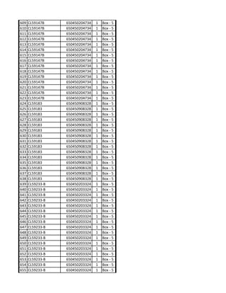 609   CL59147B    650450204734   1   Box - 5
610   CL59147B    650450204734   1   Box - 5
611   CL59147B    650450204734   1   Box - 5
612   CL59147B    650450204734   1   Box - 5
613   CL59147B    650450204734   1   Box - 5
614   CL59147B    650450204734   1   Box - 5
615   CL59147B    650450204734   1   Box - 5
616   CL59147B    650450204734   1   Box - 5
617   CL59147B    650450204734   1   Box - 5
618   CL59147B    650450204734   1   Box - 5
619   CL59147B    650450204734   1   Box - 5
620   CL59147B    650450204734   1   Box - 5
621   CL59147B    650450204734   1   Box - 5
622   CL59147B    650450204734   1   Box - 5
623   CL59147B    650450204734   1   Box - 5
624   CL59183     650450908328   1   Box - 5
625   CL59183     650450908328   1   Box - 5
626   CL59183     650450908328   1   Box - 5
627   CL59183     650450908328   1   Box - 5
628   CL59183     650450908328   1   Box - 5
629   CL59183     650450908328   1   Box - 5
630   CL59183     650450908328   1   Box - 5
631   CL59183     650450908328   1   Box - 5
632   CL59183     650450908328   1   Box - 5
633   CL59183     650450908328   1   Box - 5
634   CL59183     650450908328   1   Box - 5
635   CL59183     650450908328   1   Box - 5
636   CL59183     650450908328   1   Box - 5
637   CL59183     650450908328   1   Box - 5
638   CL59183     650450908328   1   Box - 5
639   CL59233-B   650450203324   1   Box - 5
640   CL59233-B   650450203324   1   Box - 5
641   CL59233-B   650450203324   1   Box - 5
642   CL59233-B   650450203324   1   Box - 5
643   CL59233-B   650450203324   1   Box - 5
644   CL59233-B   650450203324   1   Box - 5
645   CL59233-B   650450203324   1   Box - 5
646   CL59233-B   650450203324   1   Box - 5
647   CL59233-B   650450203324   1   Box - 5
648   CL59233-B   650450203324   1   Box - 5
649   CL59233-B   650450203324   1   Box - 5
650   CL59233-B   650450203324   1   Box - 5
651   CL59233-B   650450203324   1   Box - 5
652   CL59233-B   650450203324   1   Box - 5
653   CL59233-B   650450203324   1   Box - 5
654   CL59233-B   650450203324   1   Box - 5
655   CL59233-B   650450203324   1   Box - 5
 
