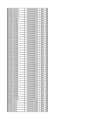 327   CL59184-B   650450208435   1   Box - 3
328   CL59184-B   650450208435   1   Box - 3
329   CL59184-B   650450208435   1   Box - 3
330   CL59184-B   650450208435   1   Box - 3
331   CL59184-B   650450208435   1   Box - 3
332   CL59288B    650450408811   1   Box - 3
333   CL59288B    650450408811   1   Box - 3
334   CL59288B    650450408811   1   Box - 3
335   CL59288B    650450408811   1   Box - 3
336   CL59288B    650450408811   1   Box - 3
337   CL59288B    650450408811   1   Box - 3
338   CL59288B    650450408811   1   Box - 3
339   CL59288B    650450408811   1   Box - 3
340   CL59288B    650450408811   1   Box - 3
341   CL59288B    650450408811   1   Box - 3
342   CL59288B    650450408811   1   Box - 3
343   CL59288B    650450408811   1   Box - 3
344   CL59288B    650450408811   1   Box - 3
345   CL59288B    650450408811   1   Box - 3
346   CL59288B    650450408811   1   Box - 3
347   CL59288B    650450408811   1   Box - 3
348   CL59288B    650450408811   1   Box - 3
349   CL59288B    650450408811   1   Box - 3
350   CL59288B    650450408811   1   Box - 3
351   CL59288B    650450408811   1   Box - 3
352   CL59288B    650450408811   1   Box - 3
353   CL59288B    650450408811   1   Box - 3
354   CL59288B    650450408811   1   Box - 3
355   CL59288B    650450408811   1   Box - 3
356   CL59288B    650450408811   1   Box - 3
357   CL59288B    650450408811   1   Box - 3
358   CL59288B    650450408811   1   Box - 3
359   CL59288B    650450408811   1   Box - 3
360   CL59288B    650450408811   1   Box - 3
361   CL59288B    650450408811   1   Box - 3
362   CL59288B    650450408811   1   Box - 3
363   CL59288B    650450408811   1   Box - 3
364   CL59288B    650450408811   1   Box - 3
365   CL59288B    650450408811   1   Box - 3
366   CL59288B    650450408811   1   Box - 3
367   CL59288B    650450408811   1   Box - 3
368   CL59147B    650450204734   1   Box - 3
369   CL56237     650450203768   1   Box - 4
370   CL56237     650450203768   1   Box - 4
371   CL56237     650450203768   1   Box - 4
372   CL56237     650450203768   1   Box - 4
373   CL56237     650450203768   1   Box - 4
 