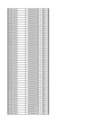 374   CL56237   650450203768   1   Box - 4
375   CL56237   650450203768   1   Box - 4
376   CL56237   650450203768   1   Box - 4
377   CL56237   650450203768   1   Box - 4
378   CL56237   650450203768   1   Box - 4
379   CL56237   650450203768   1   Box - 4
380   CL56237   650450203768   1   Box - 4
381   CL56237   650450203768   1   Box - 4
382   CL56237   650450203768   1   Box - 4
383   CL56237   650450203768   1   Box - 4
384   CL56237   650450203768   1   Box - 4
385   CL56237   650450203768   1   Box - 4
386   CL56237   650450203768   1   Box - 4
387   CL56237   650450203768   1   Box - 4
388   CL56237   650450203768   1   Box - 4
389   CL56237   650450203768   1   Box - 4
390   CL56237   650450203768   1   Box - 4
391   CL56237   650450203768   1   Box - 4
392   CL56237   650450203768   1   Box - 4
393   CL56237   650450203768   1   Box - 4
394   CL56237   650450203768   1   Box - 4
395   CL56237   650450203768   1   Box - 4
396   CL56237   650450203768   1   Box - 4
397   CL56237   650450203768   1   Box - 4
398   CL56237   650450203768   1   Box - 4
399   CL56237   650450203768   1   Box - 4
400   CL56237   650450203768   1   Box - 4
401   CL56237   650450203768   1   Box - 4
402   CL56237   650450203768   1   Box - 4
403   CL56237   650450203768   1   Box - 4
404   CL56237   650450203768   1   Box - 4
405   CL56237   650450203768   1   Box - 4
406   CL56237   650450203768   1   Box - 4
407   CL56237   650450203768   1   Box - 4
408   CL56237   650450203768   1   Box - 4
409   CL56237   650450203768   1   Box - 4
410   CL56237   650450203768   1   Box - 4
411   CL56237   650450203768   1   Box - 4
412   CL56237   650450203768   1   Box - 4
413   CL56237   650450203768   1   Box - 4
414   CL56237   650450203768   1   Box - 4
415   CL56237   650450203768   1   Box - 4
416   CL56237   650450203768   1   Box - 4
417   CL56353   650450655314   1   Box - 4
418   CL56353   650450655314   1   Box - 4
419   CL56353   650450655314   1   Box - 4
420   CL56353   650450655314   1   Box - 4
 