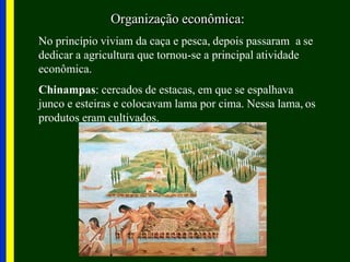Organização econômica:
No princípio viviam da caça e pesca, depois passaram a se
dedicar a agricultura que tornou-se a principal atividade
econômica.
Chinampas: cercados de estacas, em que se espalhava
junco e esteiras e colocavam lama por cima. Nessa lama, os
produtos eram cultivados.
 