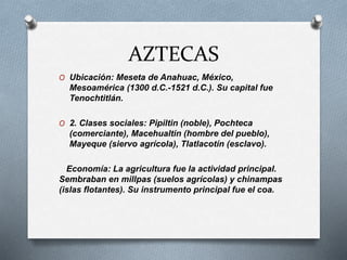AZTECAS
O Ubicación: Meseta de Anahuac, México,
Mesoamérica (1300 d.C.-1521 d.C.). Su capital fue
Tenochtitlán.
O 2. Clases sociales: Pipiltin (noble), Pochteca
(comerciante), Macehualtin (hombre del pueblo),
Mayeque (siervo agrícola), Tlatlacotín (esclavo).
Economía: La agricultura fue la actividad principal.
Sembraban en millpas (suelos agrícolas) y chinampas
(islas flotantes). Su instrumento principal fue el coa.
 