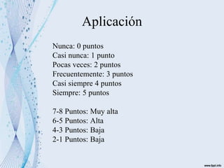 Aplicación
Nunca: 0 puntos
Casi nunca: 1 punto
Pocas veces: 2 puntos
Frecuentemente: 3 puntos
Casi siempre 4 puntos
Siempre: 5 puntos
7-8 Puntos: Muy alta
6-5 Puntos: Alta
4-3 Puntos: Baja
2-1 Puntos: Baja