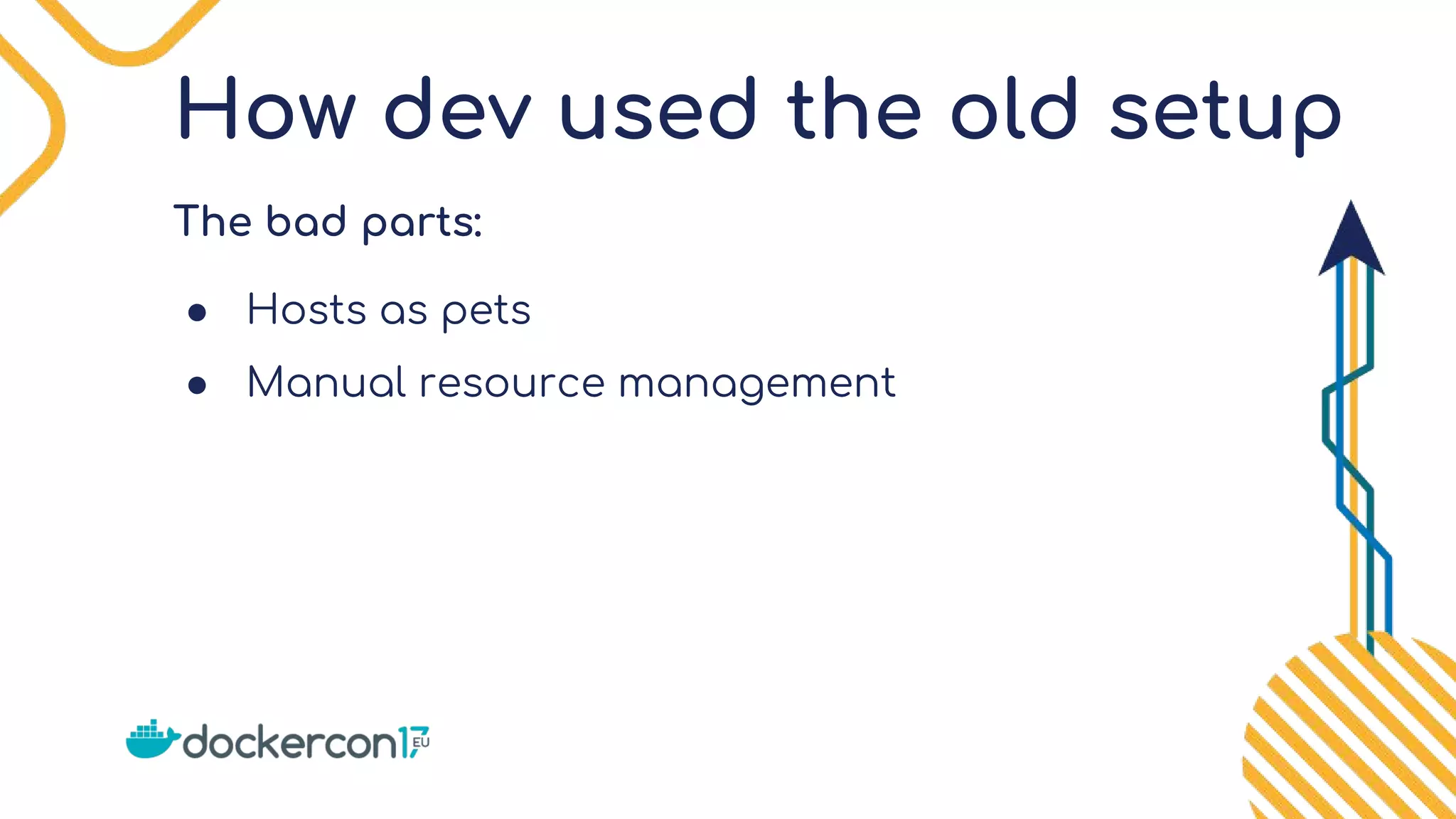 How dev used the old setup
The bad parts:
● Hosts as pets
● Manual resource management
 