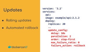 Updates version: '3.2'
services:
api:
image: example/api:2.1.2
deploy:
replicas: 20
…
update_config:
delay: 10s
parallelism: 2
order: stop-first
max_failure_ratio: 0
failure_action: rollback
● Rolling updates
● Automated rollback
 