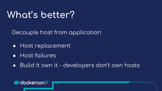What’s better?
Decouple host from application
● Host replacement
● Host failures
● Build it own it - developers don’t own hosts
 