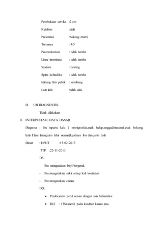 Pembukaan serviks :2 cm
Ketuban :utuh
Presentasi :bokong murni
Turunnya : 4/5
Promontorium : tidak teraba
Linea inominata : tidak teraba
Sakrum : cekung
Spina ischiadika : tidak teraba
Imbang feto pelvik : seimbang
Lain-lain :tidak ada
D. UJI DIAGNOSTIK
Tidak dilakukan
II. INTERPRETASI DATA DASAR
Diagnosa : Ibu inpartu kala l, primigravida,anak hidup,tunggal,intrauteri,letak bokong,
kala I fase laten,jalan lahir normal,keadaan ibu dan janin baik
Dasar : HPHT :15-02-2013
TTP :22-11-2013
DS:
- Ibu mengatakan bayi bergerak
- Ibu mengatakan sakit setiap kali kontraksi
- Ibu mengatakan cemas
DO:
 Pembesaran perut sesuai dengan usia kehamilan
 DJJ : 138x/menit pada kuadran kanan atas
 