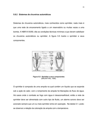 33
5.8.2 Sistemas de chuveiros automáticos
Sistemas de chuveiros automáticos, mais conhecidos como sprinkler, nada mais é
que uma rede de encanamento ligado a um reservatório ou muitas vezes a uma
bomba. A NBR 6135/80, dita as condições técnicas mínimas a que devem satisfazer
os chuveiros automáticos ou sprinkler. A figura 5.5 ilustra o sprinkler e seus
componentes.
Figura 5.5 - Sprinkler e seus componentes
(MACINTYRE, 1996).
O sprinkler é composto de uma ampola na qual contém um líquido que se expande
sob a ação do calor, com o rompimento da ampola há liberações do fluxo de água.
Há casos onde o combate ao fogo com água é desaconselhável, então a rede de
sprinkler deve ser alimentada com outro tipo de fluido, um alarme sonoro deve ser
acionado sempre que um ou mais sprinkler entra em operação. Na tabela 5.1. pode-
se observar a relação da coloração da ampola com a temperatura.
 