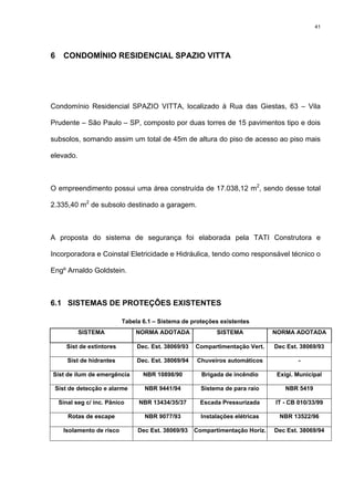 41
6 CONDOMÍNIO RESIDENCIAL SPAZIO VITTA
Condomínio Residencial SPAZIO VITTA, localizado à Rua das Giestas, 63 – Vila
Prudente – São Paulo – SP, composto por duas torres de 15 pavimentos tipo e dois
subsolos, somando assim um total de 45m de altura do piso de acesso ao piso mais
elevado.
O empreendimento possui uma área construída de 17.038,12 m2
, sendo desse total
2.335,40 m2
de subsolo destinado a garagem.
A proposta do sistema de segurança foi elaborada pela TATI Construtora e
Incorporadora e Coinstal Eletricidade e Hidráulica, tendo como responsável técnico o
Engº Arnaldo Goldstein.
6.1 SISTEMAS DE PROTEÇÔES EXISTENTES
Tabela 6.1 – Sistema de proteções existentes
SISTEMA NORMA ADOTADA SISTEMA NORMA ADOTADA
Sist de extintores Dec. Est. 38069/93 Compartimentação Vert. Dec Est. 38069/93
Sist de hidrantes Dec. Est. 38069/94 Chuveiros automáticos -
Sist de ilum de emergência NBR 10898/90 Brigada de incêndio Exigi. Municipal
Sist de detecção e alarme NBR 9441/94 Sistema de para raio NBR 5419
Sinal seg c/ inc. Pânico NBR 13434/35/37 Escada Pressurizada IT - CB 010/33/99
Rotas de escape NBR 9077/93 Instalações elétricas NBR 13522/96
Isolamento de risco Dec Est. 38069/93 Compartimentação Horiz. Dec Est. 38069/94
 