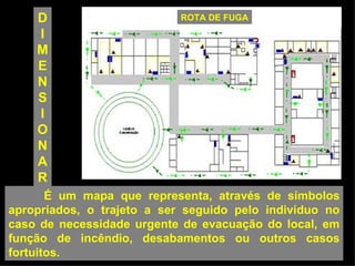 É um mapa que representa, através de símbolos apropriados, o trajeto a ser seguido pelo indivíduo no caso de necessidade urgente de evacuação do local, em função de incêndio, desabamentos ou outros casos fortuitos. ROTA DE FUGA D I M E N S I O N A R 