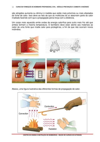CURSO DE FORMAÇÃO DE BOMBEIRO PROFISSIONAL CIVIL – MÓDULO PREVENÇÃO E COMBATE A INCÊNDIO
CENTRO DE ENSINO E INSTRUÇÃO DE BOMBEIROS – SEÇÃO DE CURSOS DE EXTENSÃO
11
são atingidos aumenta ou diminui à medida que estão mais próximos ou mais afastados
da fonte de calor. Isso deve ao fato de que as moléculas do ar absorvem parte do calor
irradiado fazendo com que a propagação perca força com a distância.
Um corpo mais aquecido emite ondas de energia calorífica para outro mais frio até que
ambos tenham a mesma temperatura. O bombeiro deve estar atento aos materiais ao
redor de uma fonte que irradie calor para protegê-los, a fim de que não ocorram novos
incêndios.
Abaixo, uma figura ilustrativa das diferentes formas de propagação de calor.
 