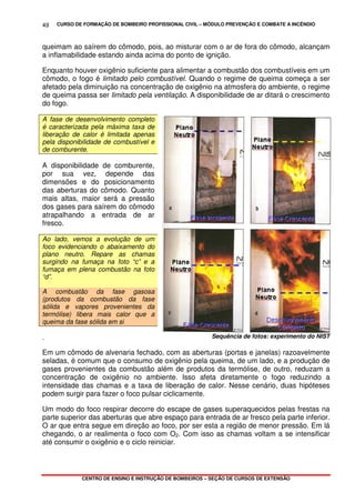 CURSO DE FORMAÇÃO DE BOMBEIRO PROFISSIONAL CIVIL – MÓDULO PREVENÇÃO E COMBATE A INCÊNDIO
CENTRO DE ENSINO E INSTRUÇÃO DE BOMBEIROS – SEÇÃO DE CURSOS DE EXTENSÃO
49
queimam ao saírem do cômodo, pois, ao misturar com o ar de fora do cômodo, alcançam
a inflamabilidade estando ainda acima do ponto de ignição.
Enquanto houver oxigênio suficiente para alimentar a combustão dos combustíveis em um
cômodo, o fogo é limitado pelo combustível. Quando o regime de queima começa a ser
afetado pela diminuição na concentração de oxigênio na atmosfera do ambiente, o regime
de queima passa ser limitado pela ventilação. A disponibilidade de ar ditará o crescimento
do fogo.
A fase de desenvolvimento completo
é caracterizada pela máxima taxa de
liberação de calor é limitada apenas
pela disponibilidade de combustível e
de comburente.
A disponibilidade de comburente,
por sua vez, depende das
dimensões e do posicionamento
das aberturas do cômodo. Quanto
mais altas, maior será a pressão
dos gases para saírem do cômodo
atrapalhando a entrada de ar
fresco.
Ao lado, vemos a evolução de um
foco evidenciando o abaixamento do
plano neutro. Repare as chamas
surgindo na fumaça na foto “c” e a
fumaça em plena combustão na foto
“d”.
A combustão da fase gasosa
(produtos da combustão da fase
sólida e vapores provenientes da
termólise) libera mais calor que a
queima da fase sólida em si
. Sequência de fotos: experimento do NIST
Em um cômodo de alvenaria fechado, com as aberturas (portas e janelas) razoavelmente
seladas, é comum que o consumo de oxigênio pela queima, de um lado, e a produção de
gases provenientes da combustão além de produtos da termólise, de outro, reduzam a
concentração de oxigênio no ambiente. Isso afeta diretamente o fogo reduzindo a
intensidade das chamas e a taxa de liberação de calor. Nesse cenário, duas hipóteses
podem surgir para fazer o foco pulsar ciclicamente.
Um modo do foco respirar decorre do escape de gases superaquecidos pelas frestas na
parte superior das aberturas que abre espaço para entrada de ar fresco pela parte inferior.
O ar que entra segue em direção ao foco, por ser esta a região de menor pressão. Em lá
chegando, o ar realimenta o foco com O2. Com isso as chamas voltam a se intensificar
até consumir o oxigênio e o ciclo reiniciar.
 