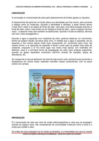 CURSO DE FORMAÇÃO DE BOMBEIRO PROFISSIONAL CIVIL – MÓDULO PREVENÇÃO E COMBATE A INCÊNDIO
CENTRO DE ENSINO E INSTRUÇÃO DE BOMBEIROS – SEÇÃO DE CURSOS DE EXTENSÃO
10
CONVECÇÃO
A convecção é a transmissão de calor pelo deslocamento de fluídos (gases ou líquidos).
O aquecimento de parte de um fluído altera sua densidade que fica menor, pois aumenta
o espaço entre as moléculas. Quando a densidade é alterada, a parte menos densa
(“mais leve”) sobe e se afasta da fonte de calor. Isso gera uma baixa pressão próximo à
fonte de calor, assim, mais fluído vai em direção à fonte de calor – para o espaço não ficar
vazio – e absorve mais calor também se deslocando. Quando o fluído se desloca, ele leva
com ele o calor propagando-o.
Quando a água é aquecida num recipiente de vidro, pode-se observar um movimento,
dentro do próprio líquido, de baixo para cima. À medida que a água é aquecida, ela se
expande e fica menos densa (mais leve) provocando um movimento para cima. Da
mesma forma, o ar aquecido se expande e tende a subir para as partes mais altas do
ambiente, enquanto o ar frio toma lugar nos níveis mais baixos. Em incêndios em
edifícios, essa é a principal forma de propagação de calor para andares superiores,
quando os gases aquecidos encontram caminho através de escadas, poços de
elevadores, etc.
As massas de ar que se deslocam do local do fogo levam calor suficiente para aumentar a
temperatura em outros locais, podendo incendiar corpos combustíveis, com os quais
entrem em contato.
IRRADIAÇÃO
É a transmissão de calor por meio de ondas eletromagnéticas e raios que se propagam
através do espaço vazio, não necessitando de continuidade molecular entre a fonte e o
corpo que recebe o calor.
As ondas de calor propagam-se em todas as direções, e a intensidade com que os corpos
 