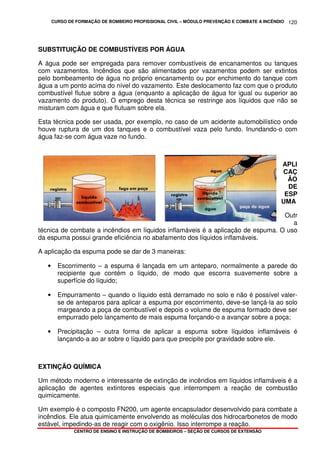 CURSO DE FORMAÇÃO DE BOMBEIRO PROFISSIONAL CIVIL – MÓDULO PREVENÇÃO E COMBATE A INCÊNDIO
CENTRO DE ENSINO E INSTRUÇÃO DE BOMBEIROS – SEÇÃO DE CURSOS DE EXTENSÃO
120
SUBSTITUIÇÃO DE COMBUSTÍVEIS POR ÁGUA
A água pode ser empregada para remover combustíveis de encanamentos ou tanques
com vazamentos. Incêndios que são alimentados por vazamentos podem ser extintos
pelo bombeamento de água no próprio encanamento ou por enchimento do tanque com
água a um ponto acima do nível do vazamento. Este deslocamento faz com que o produto
combustível flutue sobre a água (enquanto a aplicação de água for igual ou superior ao
vazamento do produto). O emprego desta técnica se restringe aos líquidos que não se
misturam com água e que flutuam sobre ela.
Esta técnica pode ser usada, por exemplo, no caso de um acidente automobilístico onde
houve ruptura de um dos tanques e o combustível vaza pelo fundo. Inundando-o com
água faz-se com água vaze no fundo.
APLI
CAÇ
ÃO
DE
ESP
UMA
Outr
a
técnica de combate a incêndios em líquidos inflamáveis é a aplicação de espuma. O uso
da espuma possui grande eficiência no abafamento dos líquidos inflamáveis.
A aplicação da espuma pode se dar de 3 maneiras:
• Escorrimento – a espuma é lançada em um anteparo, normalmente a parede do
recipiente que contém o líquido, de modo que escorra suavemente sobre a
superfície do líquido;
• Empurramento – quando o líquido está derramado no solo e não é possível valer-
se de anteparos para aplicar a espuma por escorrimento, deve-se lançá-la ao solo
margeando a poça de combustível e depois o volume de espuma formado deve ser
empurrado pelo lançamento de mais espuma forçando-o a avançar sobre a poça;
• Precipitação – outra forma de aplicar a espuma sobre líquidos inflamáveis é
lançando-a ao ar sobre o líquido para que precipite por gravidade sobre ele.
EXTINÇÃO QUÍMICA
Um método moderno e interessante de extinção de incêndios em líquidos inflamáveis é a
aplicação de agentes extintores especiais que interrompem a reação de combustão
quimicamente.
Um exemplo é o composto FN200, um agente encapsulador desenvolvido para combate a
incêndios. Ele atua quimicamente envolvendo as moléculas dos hidrocarbonetos de modo
estável, impedindo-as de reagir com o oxigênio. Isso interrompe a reação.
 