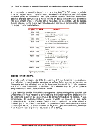 CURSO DE FORMAÇÃO DE BOMBEIRO PROFISSIONAL CIVIL – MÓDULO PREVENÇÃO E COMBATE A INCÊNDIO
CENTRO DE ENSINO E INSTRUÇÃO DE BOMBEIROS – SEÇÃO DE CURSOS DE EXTENSÃO
29
A concentração de monóxido de carbono no ar acima de 0,05% (500 partes por milhão)
pode ser perigosa. Quando a porcentagem passa de 1% (10.000 partes por milhão) pode
acontecer perda de consciência, sem que ocorram sintomas anteriores perceptíveis,
podendo provocar convulsões e a morte. Mesmo em baixas concentrações, o bombeiro
não deve utilizar sinais e sintomas como indicadores de segurança. Dor de cabeça,
tontura, náusea, vômito e pele avermelhada podem ocorrer em concentrações variadas,
de acordo com fatores individuais.
Dióxido de Carbono (CO2)
É um gás incolor e inodoro. Não é tão tóxico como o CO, mas também é muito produzido
em incêndios e a sua inalação, associada ao esforço físico, provoca um aumento da
freqüência e da intensidade da respiração. Concentrações de até 2% do gás aumentam
em 50% o ritmo respiratório do indivíduo. Se a concentração do gás na corrente
sanguínea chegar a 10%, pode provocar a morte.
O gás carbônico também forma com a hemoglobina a carboxihemoglobina, contudo, com
uma combinação mais fraca que a produzida pelo monóxido de carbono. Efeitos danosos
ao organismo decorrem da concentração de carboxihemoglobina no sangue. A alta
concentração de carboxihemoglobina produz privação de oxigênio, a qual afeta,
principalmente, o coração e o cérebro. Contudo, seu principal efeito é a asfixia mecânica,
uma vez que, ao ser produzido e liberado, ocupará o lugar do ar no ambiente reduzindo a
concentração de O2. Os efeitos danosos ao organismo, predominantemente, decorrem
mais da ausência de oxigênio que da presença em si do CO2.
 