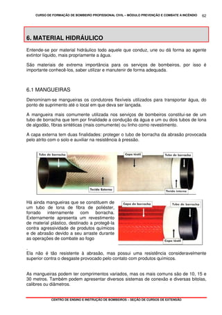CURSO DE FORMAÇÃO DE BOMBEIRO PROFISSIONAL CIVIL – MÓDULO PREVENÇÃO E COMBATE A INCÊNDIO
CENTRO DE ENSINO E INSTRUÇÃO DE BOMBEIROS – SEÇÃO DE CURSOS DE EXTENSÃO
62
6. MATERIAL HIDRÁULICO
Entende-se por material hidráulico todo aquele que conduz, une ou dá forma ao agente
extintor líquido, mais propriamente a água.
São materiais de extrema importância para os serviços de bombeiros, por isso é
importante conhecê-los, saber utilizar e manutenir de forma adequada.
6.1 MANGUEIRAS
Denominam-se mangueiras os condutores flexíveis utilizados para transportar água, do
ponto de suprimento até o local em que deva ser lançada.
A mangueira mais comumente utilizada nos serviços de bombeiros constitui-se de um
tubo de borracha que tem por finalidade a condução da água e um ou dois tubos de lona
de algodão, fibras sintéticas (mais comumente) ou linho como revestimento.
A capa externa tem duas finalidades: proteger o tubo de borracha da abrasão provocada
pelo atrito com o solo e auxiliar na resistência à pressão.
Há ainda mangueiras que se constituem de
um tubo de lona de fibra de poliéster,
forrado internamente com borracha.
Externamente apresenta um revestimento
de material plástico, destinado a protegê-la
contra agressividade de produtos químicos
e de abrasão devido a seu arraste durante
as operações de combate ao fogo
.
Ela não é tão resistente à abrasão, mas possui uma resistência consideravelmente
superior contra o desgaste provocado pelo contato com produtos químicos.
As mangueiras podem ter comprimentos variados, mas os mais comuns são de 10, 15 e
30 metros. Também podem apresentar diversos sistemas de conexão e diversas bitolas,
calibres ou diâmetros.
 