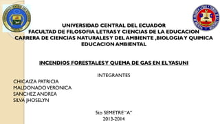 UNIVERSIDAD CENTRAL DEL ECUADOR
FACULTAD DE FILOSOFIA LETRASY CIENCIAS DE LA EDUCACION
CARRERA DE CIENCIAS NATURALESY DEL AMBIENTE ,BIOLOGIAY QUIMICA
EDUCACION AMBIENTAL
INCENDIOS FORESTALESY QUEMA DE GAS EN ELYASUNI
INTEGRANTES
CHICAIZA PATRICIA
MALDONADOVERONICA
SANCHEZ ANDREA
SILVA JHOSELYN
5to SEMETRE “A”
2013-2014
 