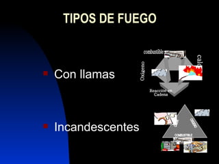 TIPOS DE FUEGO Con llamas Incandescentes Reacción en Cadena combustible Oxigeno calor COMBUSTIBLE CALOR OXIGENO 