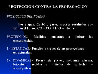 PROTECCION CONTRA LA PROPAGACION PRODUCTOS DEL FUEGO Por etapas: Carbón, gases, vapores residuales que forman el humo.  CO + CO 2  + H 2 O =  Hollín PROTECCION.-  Medidas tendentes a limitar las  consecuencias. 1.- ESTATICAS.-  Función a través de las protecciones  estructurales. 2.- DINAMICAS.-  Forma de prever, mediante alarma, detección, medidas y métodos de extinción e investigativas. 